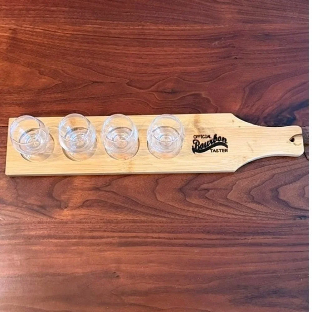 Official Bourbon Taster Bamboo Whiskey Flight Set with 4 Snifter Glasses 17.5